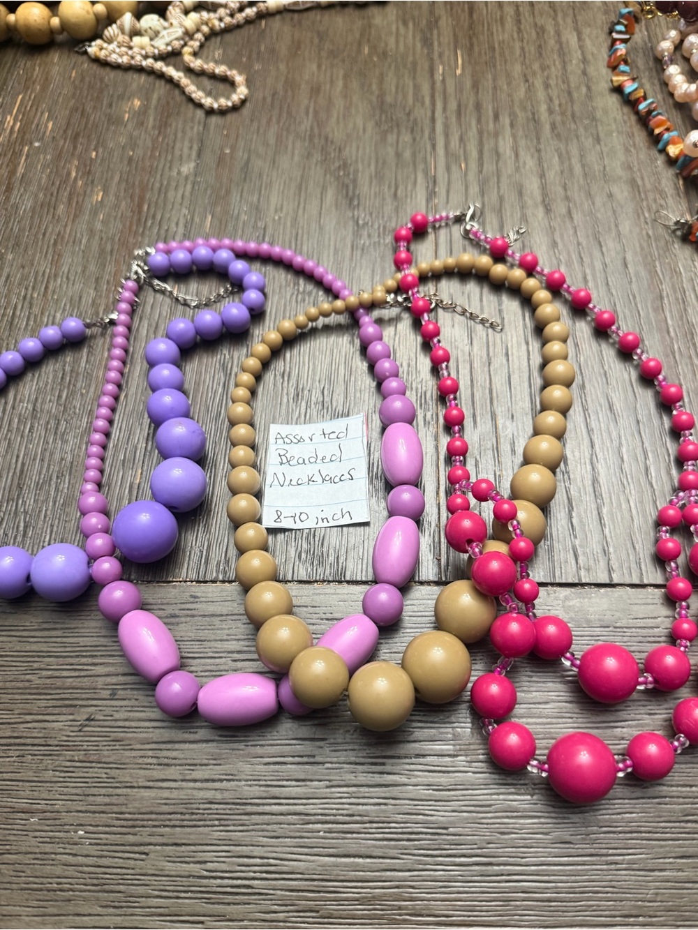 Assorted Beaded Necklaces in Lavender, Taupe and Hot Pink